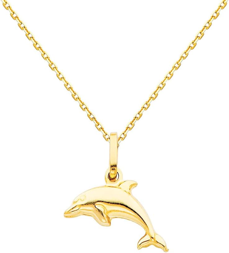 The World Jewelry Center 14k Yellow Gold Dolphin Pendant with 0.9mm Cable Chain Necklace
