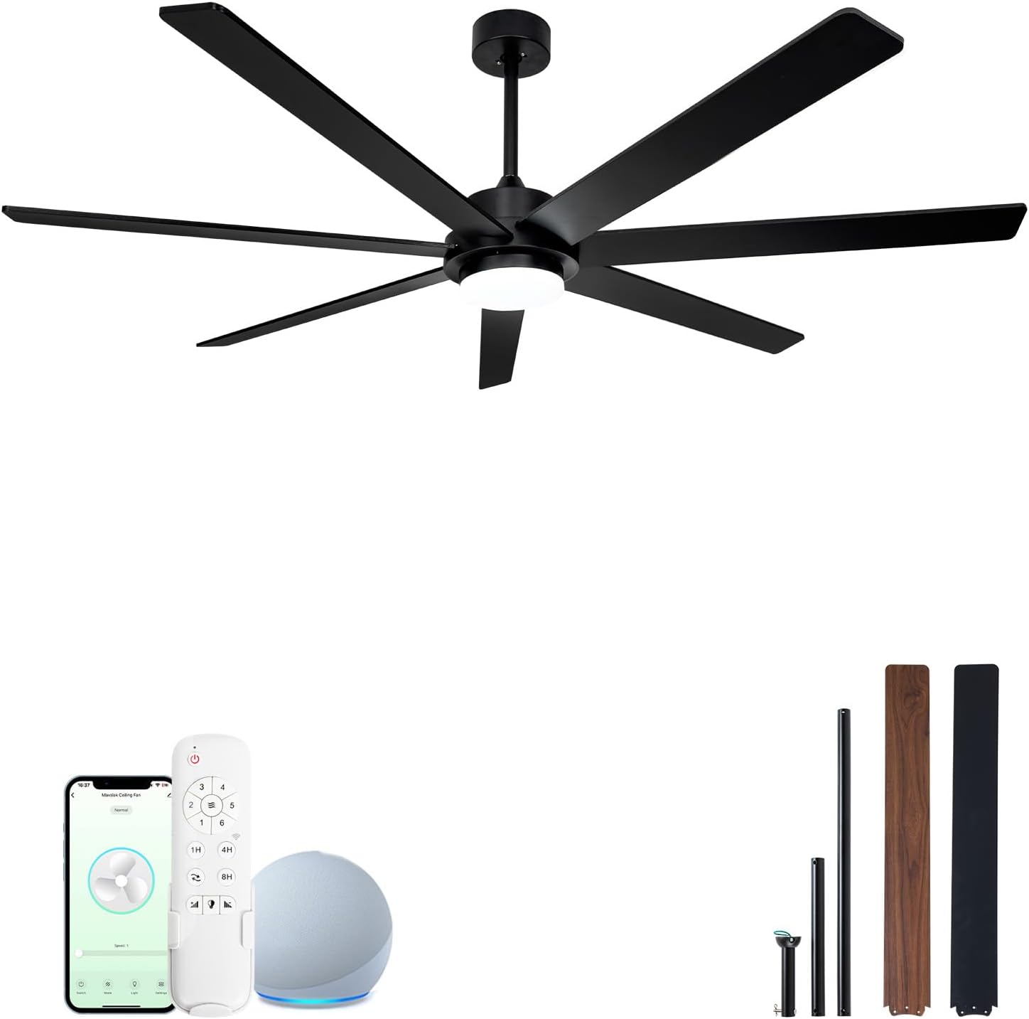 65 Inch Black Ceiling Fans with Lights and Remote,Smart Ceiling fan with Alexa App Control,6 Speed,Dimmable,Quiet DC Motor Large Outdoor Indoor Fan for Patio or Bedroom,Living Room