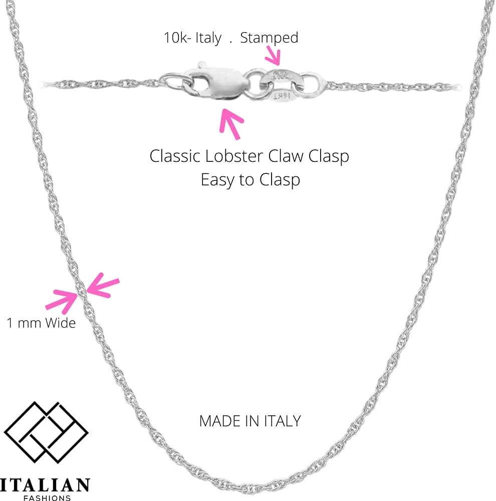 Italian Fashions 14K, 10K Yellow or White or Rose Solid Gold Italian Diamond Cut 0.8 mm-1.2 mm Rope and Mirror Cable Chain Necklace Thin & Strong gold chain Thin And Lightweight MADE IN ITALY