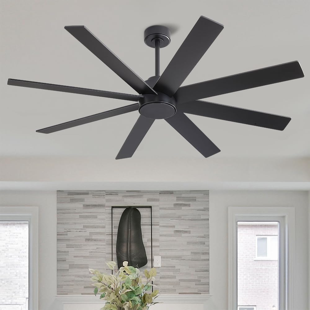 WINGBO 72' Large DC Ceiling Fans without Lights, 3 Downrods, 8 Plywood Blades, 6-Speeds Reversible DC Motor, Indoor Ceiling Fan No Lights for Bedroom Living Room Patio, Black