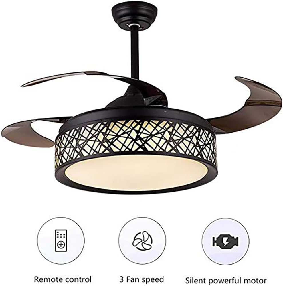 42in Retractable Ceiling Fan with Remote and Lights Black, Modern Silent Chandelier Fans Lighting with 3 Light Colors 3 Speed for Dining/Living Room Hotel