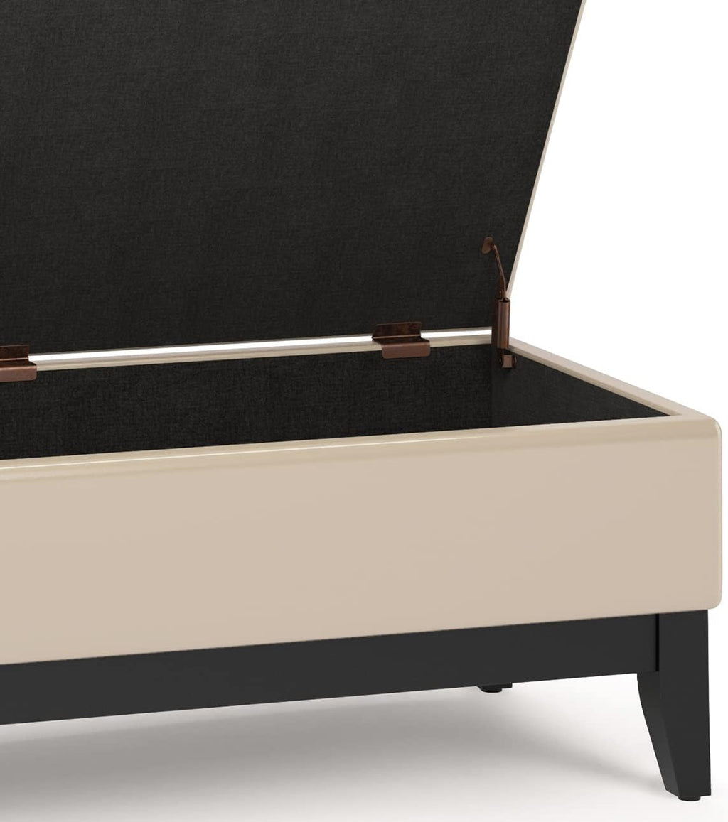 SIMPLIHOME Oregon Storage Ottoman Bench with Tray - 42 inch Wide Upholstered Vegan Leather Rectangle Storage Ottoman Bench in Satin Cream, Transitional Tufted Ottoman for Living Room with Lift-Up Lid