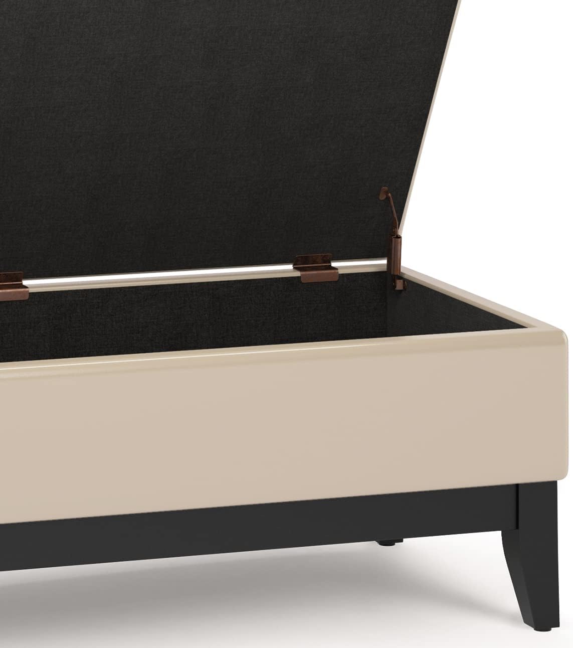 SIMPLIHOME Oregon Storage Ottoman Bench with Tray - 42 inch Wide Upholstered Vegan Leather Rectangle Storage Ottoman Bench in Satin Cream, Transitional Tufted Ottoman for Living Room with Lift-Up Lid
