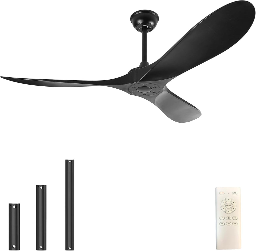 52'' Ceiling Fan No Light with Remote Control,Outdoor Ceiling Fan with DC Reversible and Silent Motor,3 Plastic Blades,Black Fan for Patios,Living Room,Bedroom