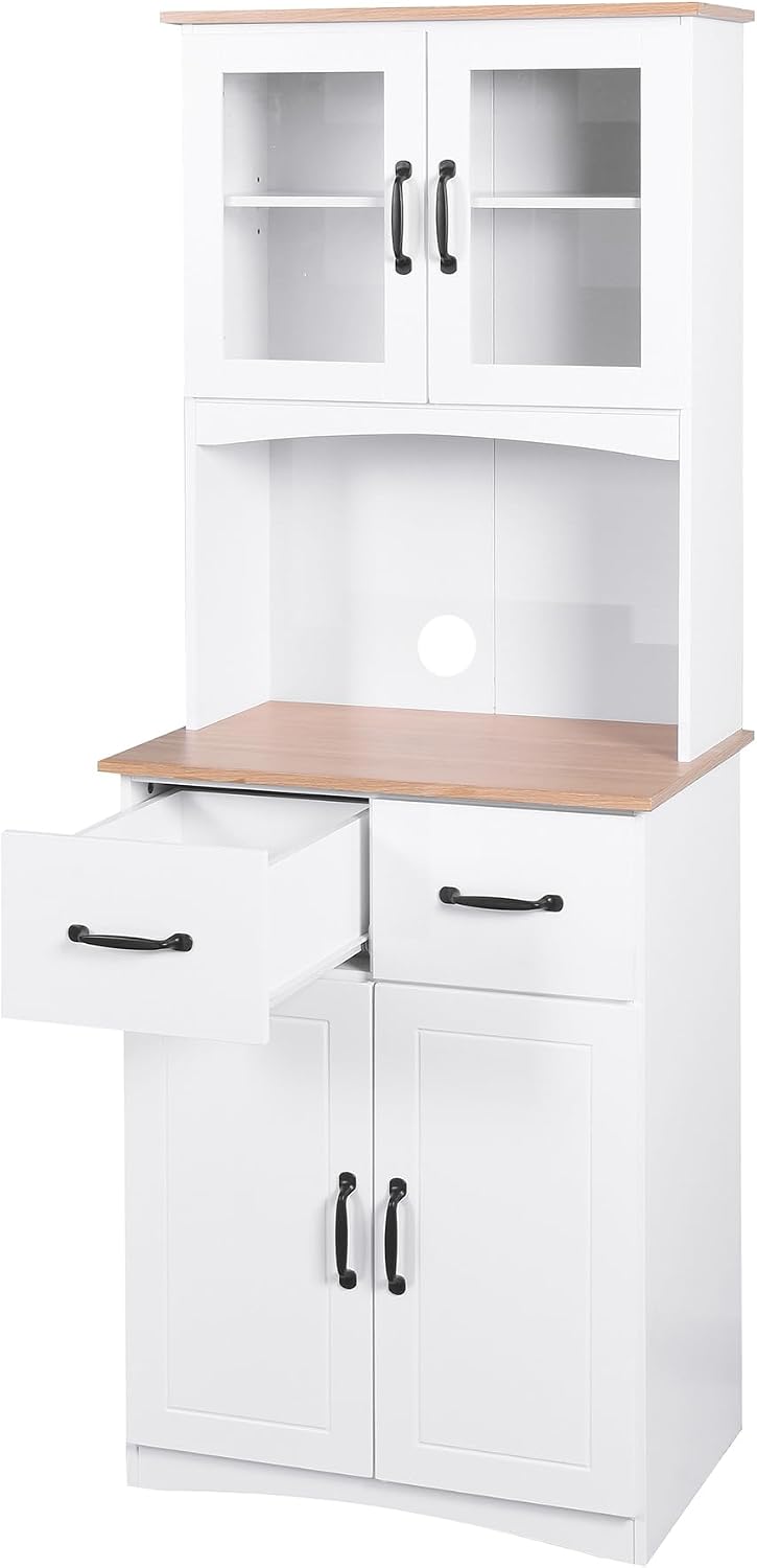 GDFStudio Wooden Kitchen Pantry Cupboard with Framed Glass Doors & Drawer, Freestanding Storage Cabinet Hutch, Kitchen Living Room Rectangle Storage Cabinet, Home Organization Cupboard, White