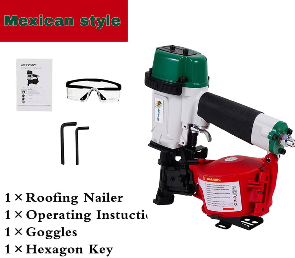 Mexican CN45N Roofing Nailer, 15 Degree Roofing Nail Gun, 3/4-Inch to 1-3/4-Inch Coil Nails, 120-pcs Load Capacity Coil Naile (Green/Red）