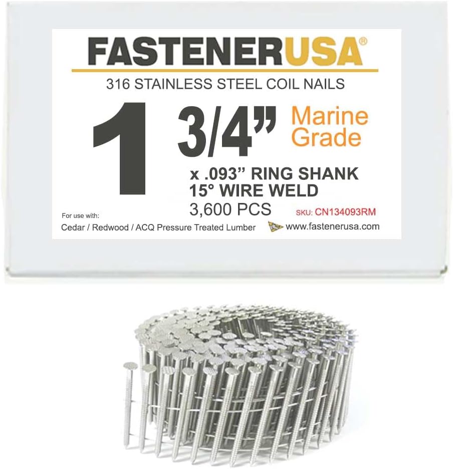1 3/4' x .093 Ring 316SS Coil Nails 15-DEG Wire 3,600ct