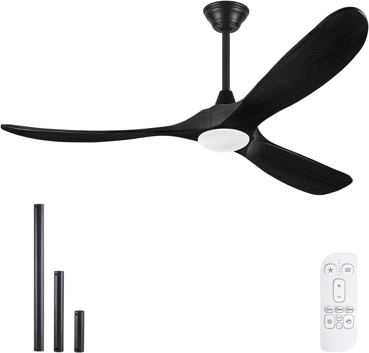 52 Inch Black Outdoor Ceiling Fans for Patios with Light, Modern Solid Wood Propeller Ceiling Fan with Remote, Energy Efficient Reversible Quiet Dc Motor for Bedroom Living Room Exterior