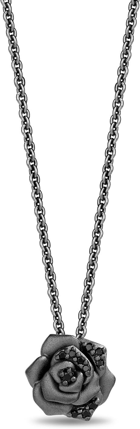 Jewelili Enchanted Disney Fine Jewelry Maleficent Rose Necklace for Women | Black Rhodium over Sterling Silver | 1/10 CTTW Treated Black Round Diamonds | Cable Chain | Gifts for Her
