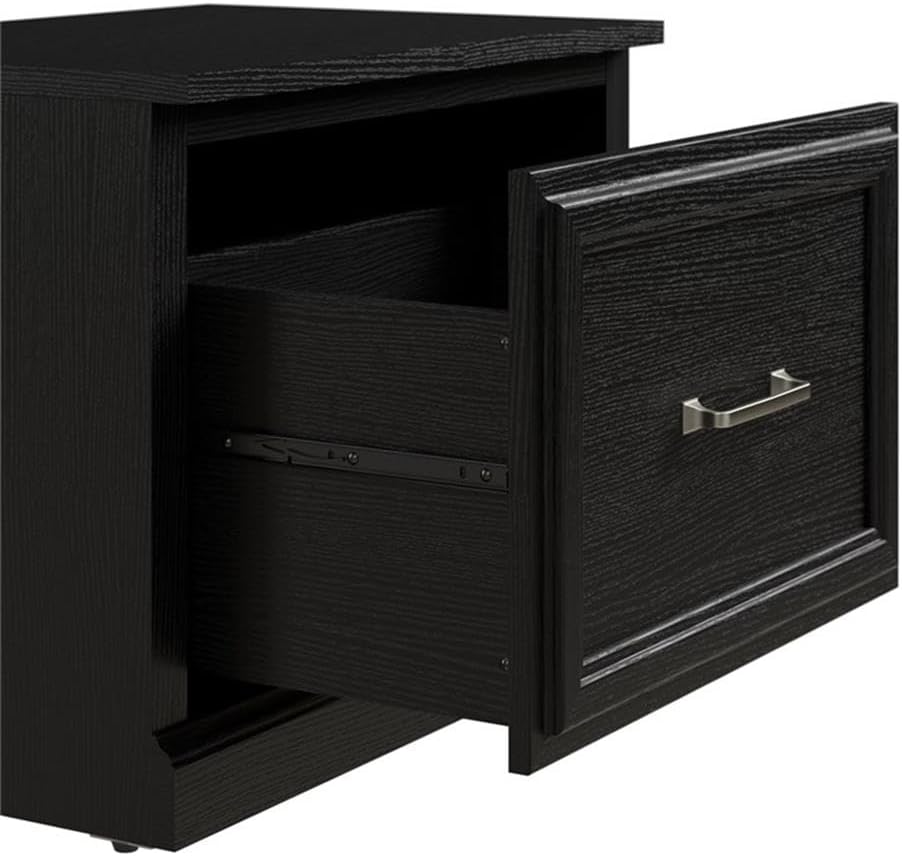 Bush Furniture Woodland 24W Small Shoe Bench with Drawer in Black Suede Oak | Narrow Footwear Organizer for Home Entryway, Mudroom, and Foyer