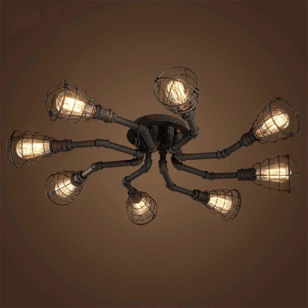 8 Lights Industrial Cage Pipe Ceiling Light-LITFAD Retro Rustic Iron Vintage Hanging Pendant Light Edison Ceiling Chandelier LED Semi-Flush Fixtures