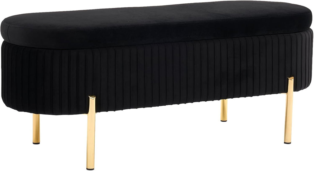 Velvet Storage Bench for Bedroom Upholstered End of Bed Bench Modern Ottoman with Gold Legs for Living Room/Window/Entryway (Black, Oval-45.5' W)