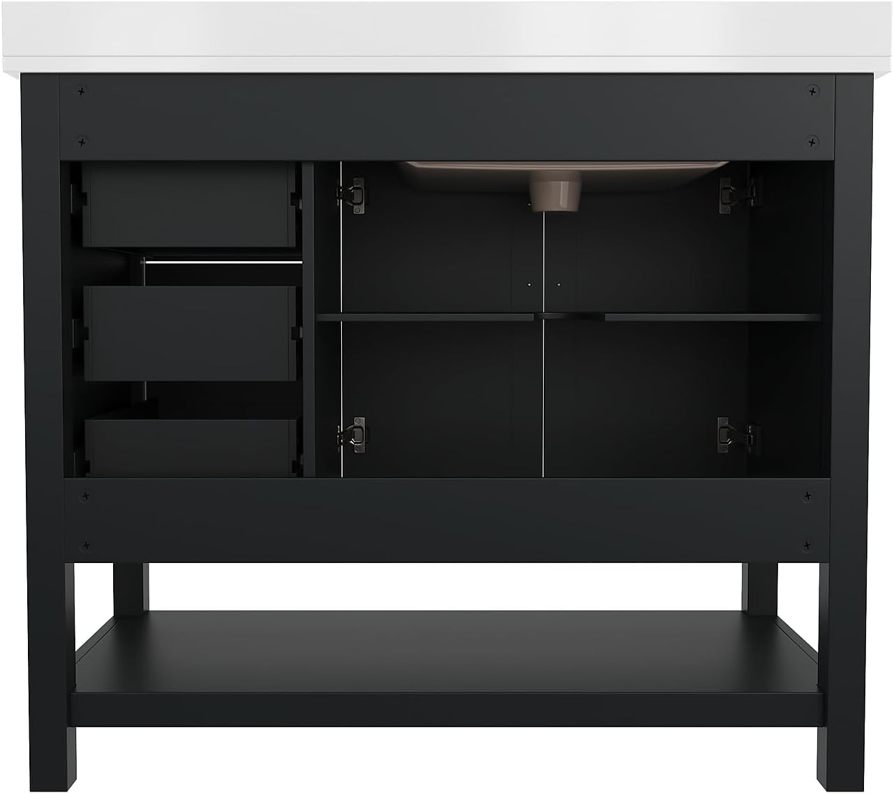 Flash Furniture Vega 42 Inch Bathroom Vanity with Sink, Storage Cabinet with Soft Close Doors, Open Shelf and 3 Drawers, Carrara Marble Finish Countertop, Black