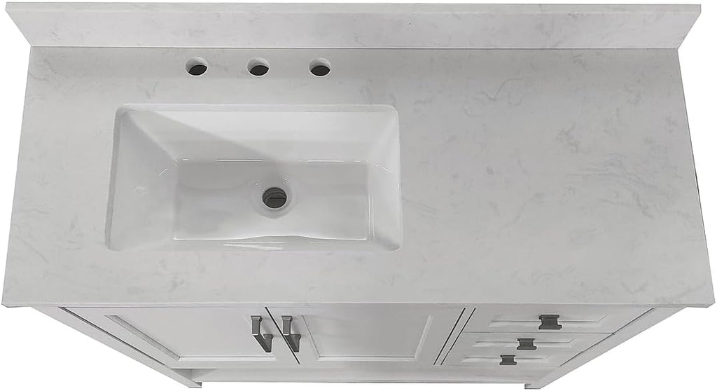Flash Furniture Vega 42 Inch Bathroom Vanity with Sink, Storage Cabinet with Soft Close Doors, Open Shelf and 3 Drawers, Carrara Marble Finish Countertop, White/White
