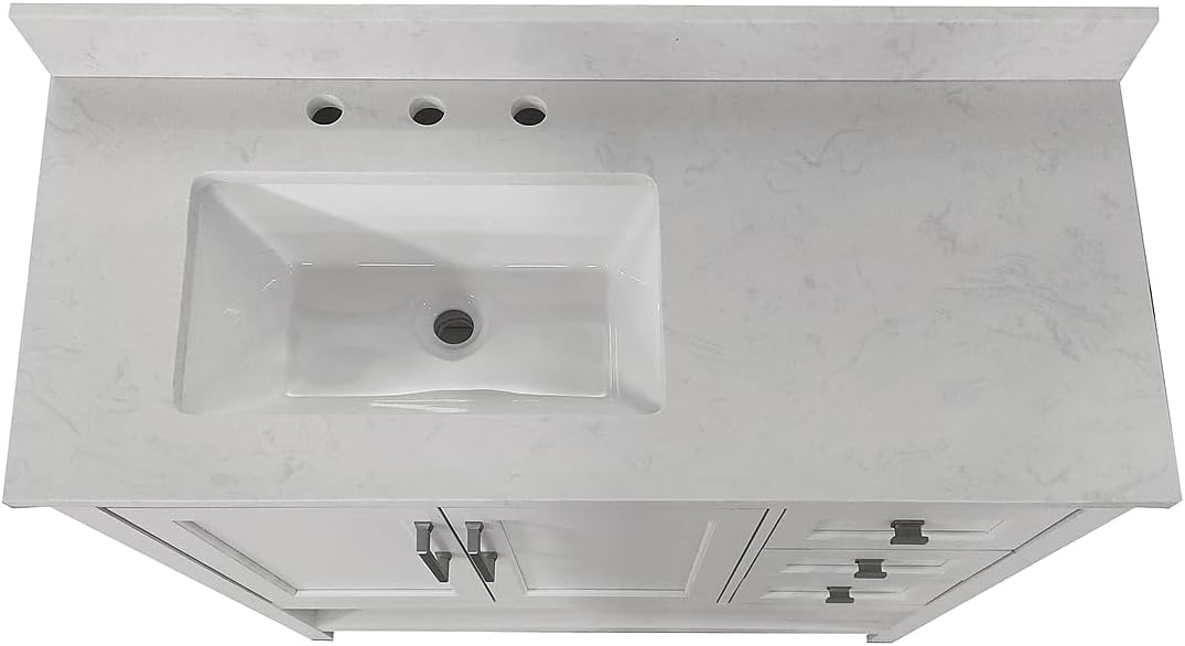 Flash Furniture Vega 42 Inch Bathroom Vanity with Sink, Storage Cabinet with Soft Close Doors, Open Shelf and 3 Drawers, Carrara Marble Finish Countertop, White/White