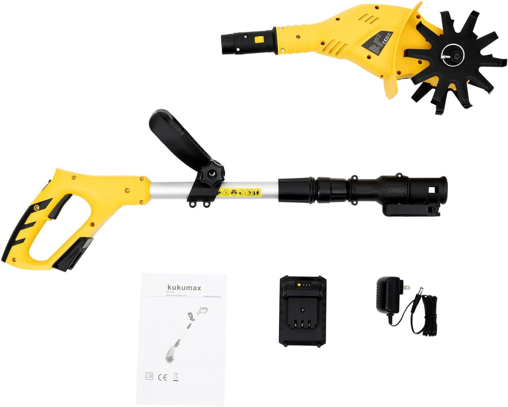 Electric Tiller, 250RPM Cordless Handheld Cultivator, 42.13-50.39 inches Adjusted Telescopic Pole Comes with a 20V 2000mAh Rechargeable Li-ion Battery for Plow, Turn The Soil, Open Furrows, Weed