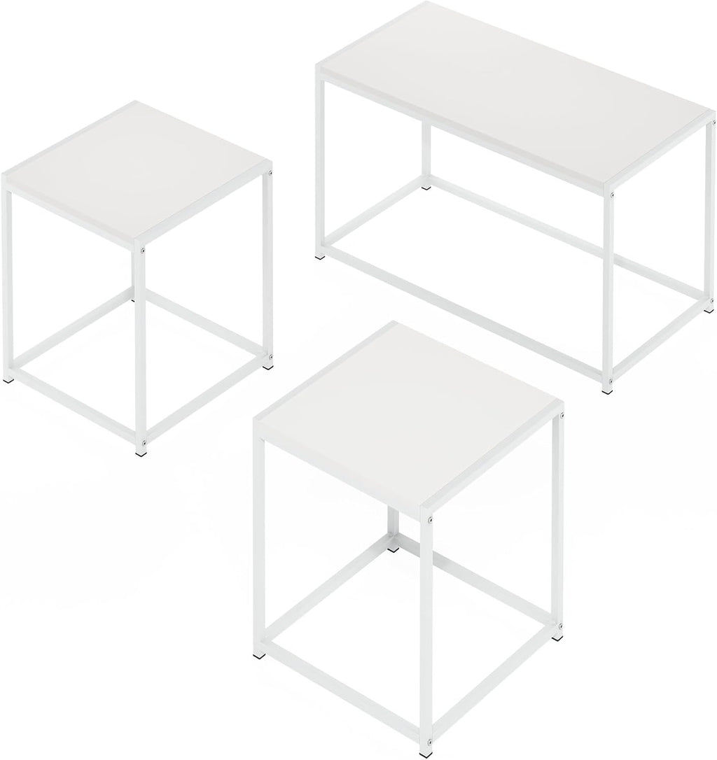 Furinno CAMNUS Coffee Table, Metal Frame Modern Center Table and Side Tables Set, Toolless Side Table Sets, for Living Room, Bedroom, Home Office, Solid White