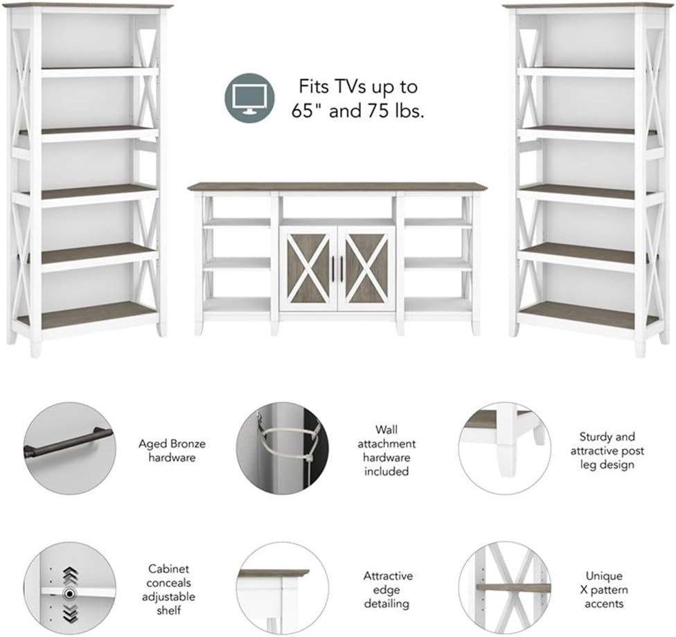 Bush Furniture Key West Tall TV Stand with Set of 2 Bookcases, Farmhouse Entertainment Center for 65 Inch Television, 17D x 60W x 66H, Pure White and Shiplap Gray