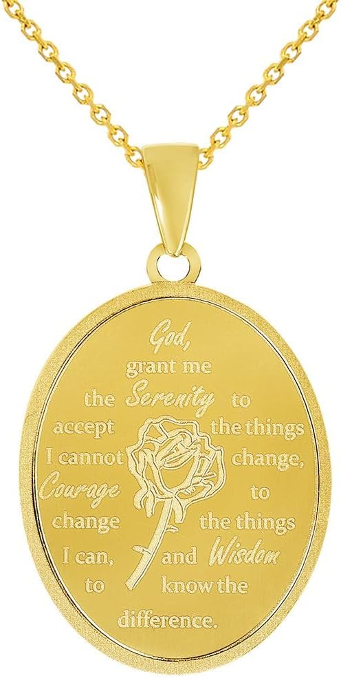 14k Yellow Gold God Grant Me the Serenity Prayer Pendant with Rolo Cable, Cuban Curb, or Figaro Chain Necklace