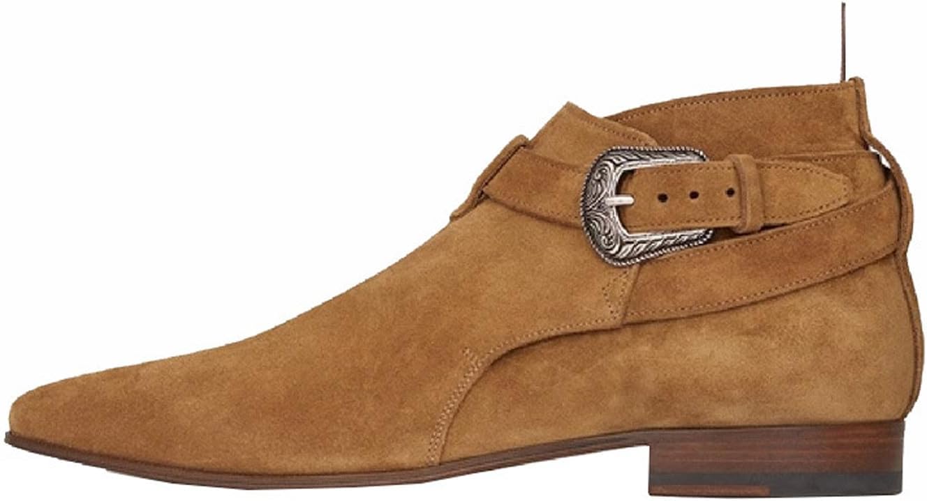 Santimon Men's Top-Grain Leather Buckle Ankle Chukka Boots – Western Jodhpur Suede Boots with Harness Strap, Pointed Toe Dress Boots for Casual, Rodeo, Parties & Everyday Wear