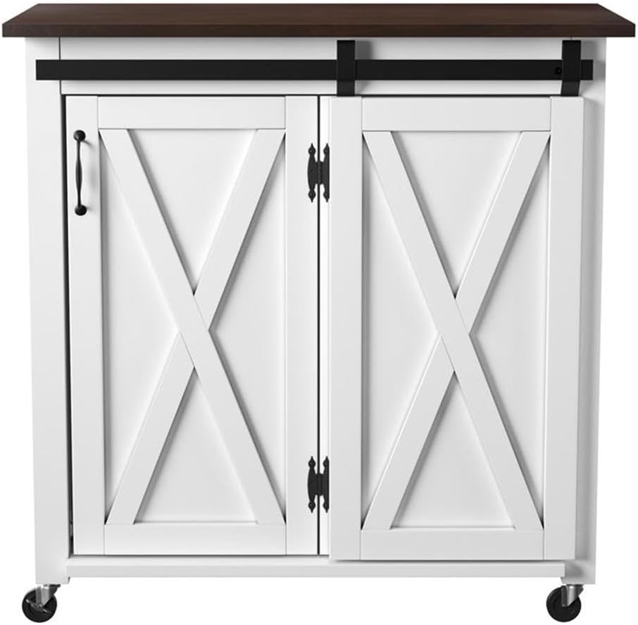 SEI Furniture - Leshire Barn-Door Kitchen Cart - White - Engineered Wood & Iron Metal - Farmhouse Design - Ideal for Kitchens, Kitchen Islands, Pantries, 35' W x 18' D x 35.75' H (KA1068834)