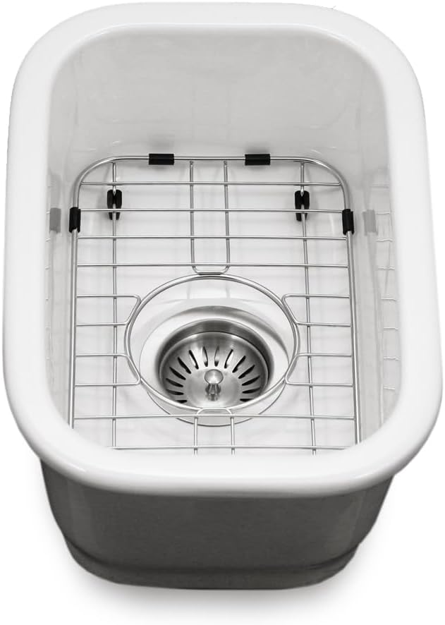 Houzer Platus White Fireclay Kitchen Sink: 13 Inch Undermount Single Bowl Rectangle Sink with Strainer & Grid, Durable & Versatile, Essential for Home & Apartment: PTB-1318 WH-C