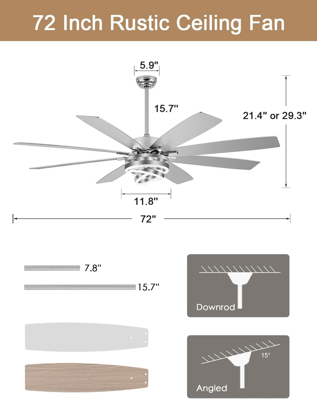 72 Inch Fandelier Ceiling Fan with Lights and Remote Large Modern Ceiling Fan Silver Chandelier Dimmable LED Light, Reversible Quiet DC Motor 3CCT 6 Speed for Living Room Indoor Outdoor