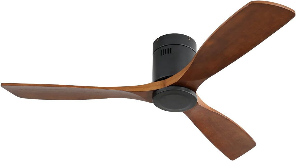 52 Inch Ceiling Fan, Ceiling Fan Without Light, Solid Wood Blades, 3 Fan, Remote Control, Reversible DC Motor, 6 Speeds, Wooden Flush Mount Fan For Bedroom, Covered Patio