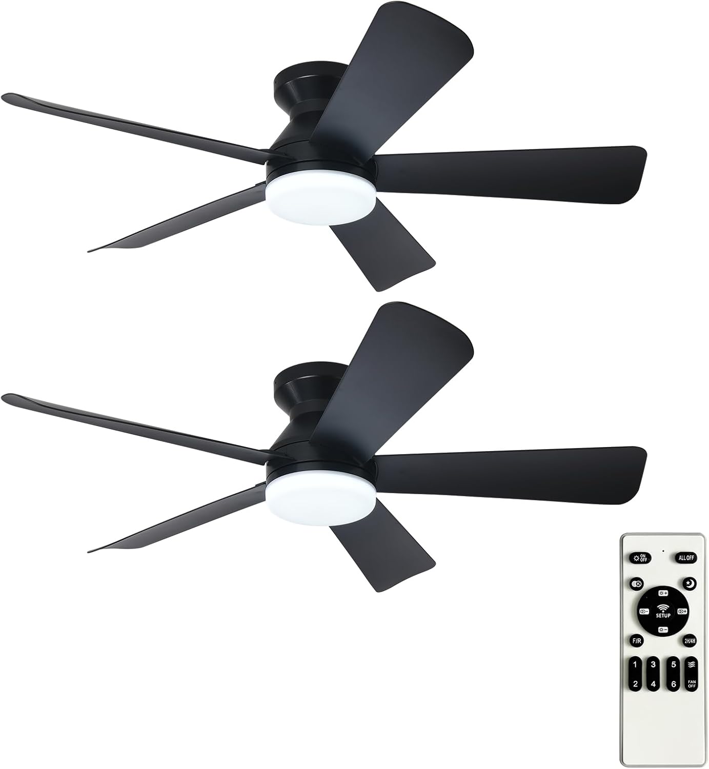 Depuley 42-Inch Ceiling Fans with Lights: Flush Mount Ceiling Fan with Remote Control Indoor/Outdoor- Black 5 Blade Low Profile Fandelier for Kitchen Gazebo - Reversible Quiet Timer - 2 Packs