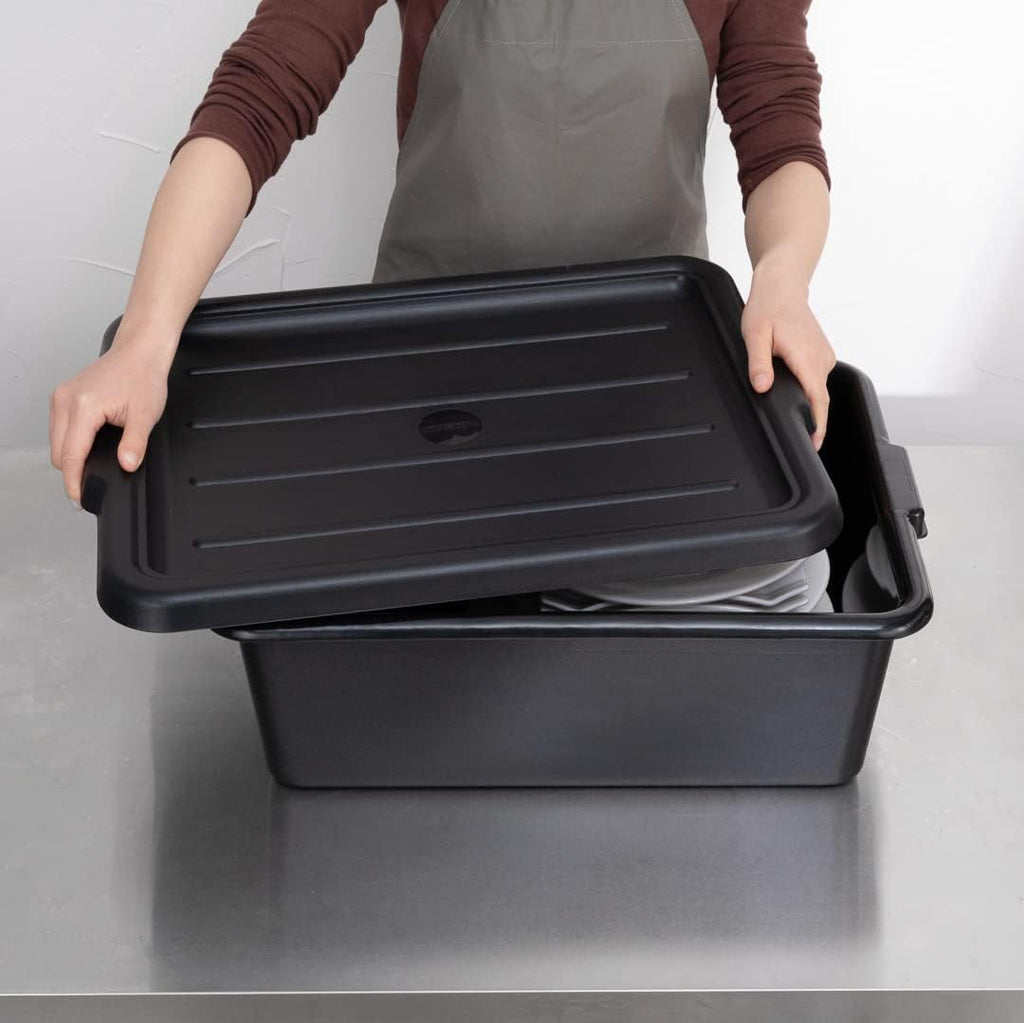 Restaurantware TUBS ONLY: RW Clean 22 Inch x 15.7 Inch Bus Tubs 12 Deep Bus Boxes - Lid Sold Separately With Handles Black Plastic Restaurant Tubs Heavy-Duty For Kitchen Organization