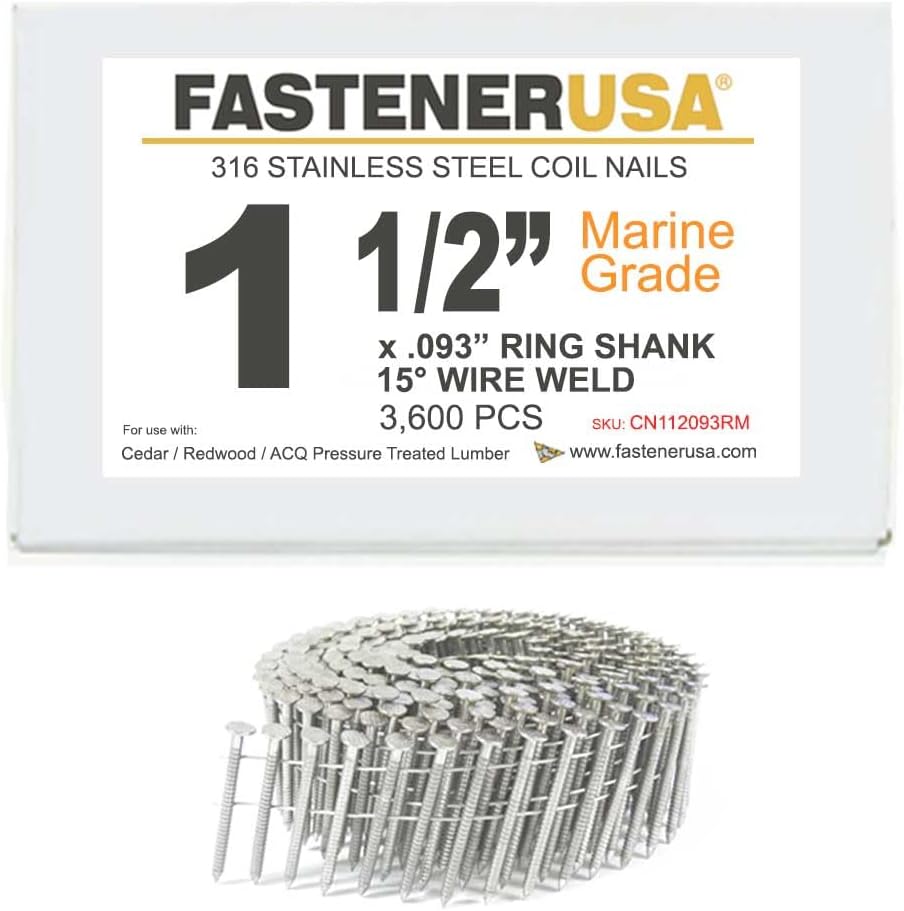 1 1/2' x .093 Ring 316SS Coil Nails 15-DEG Wire 3,600ct