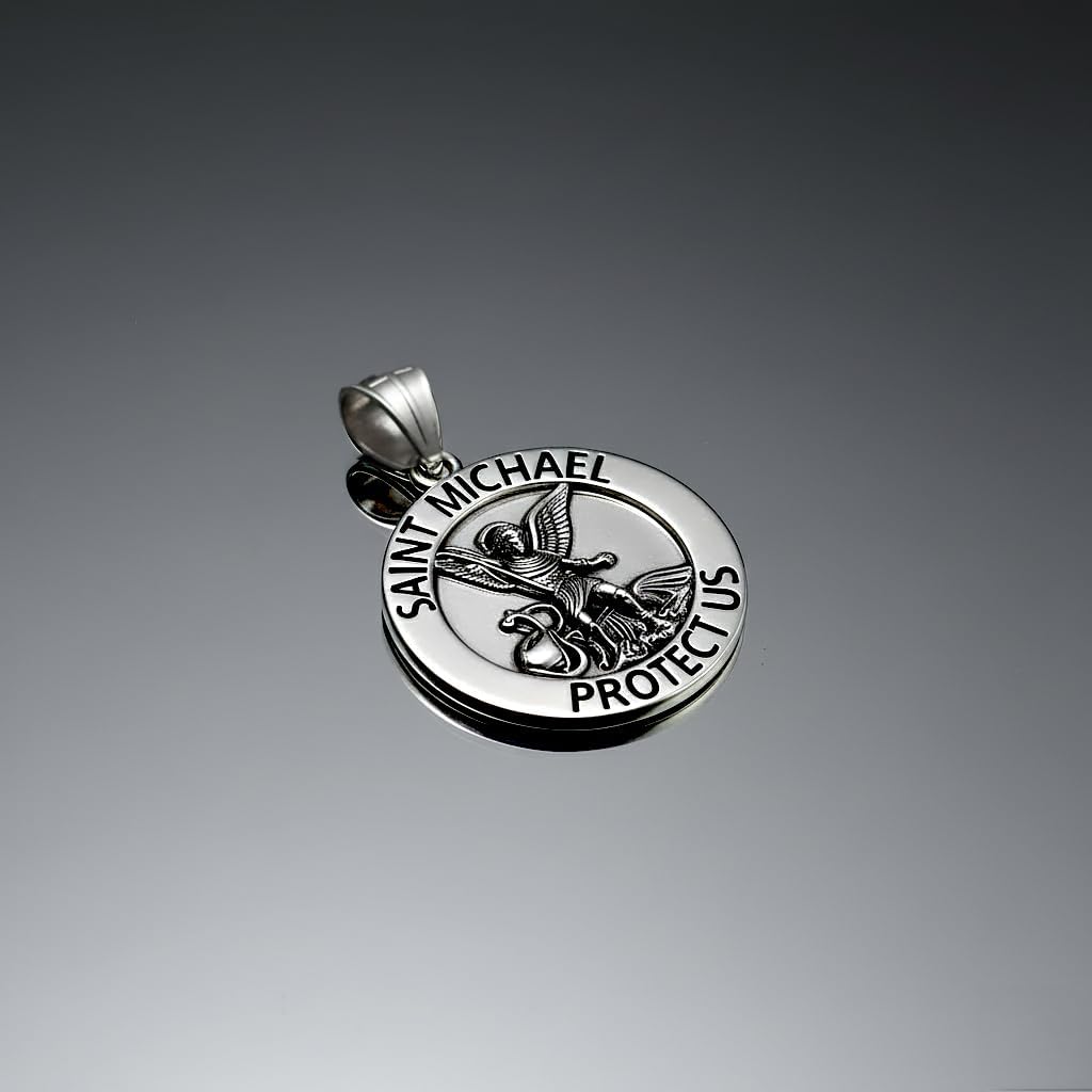 US Jewels Men's 925 Sterling silver 33mm Saint Michael Medal Antique Finish Round Pendant Necklace, 22in to 26in