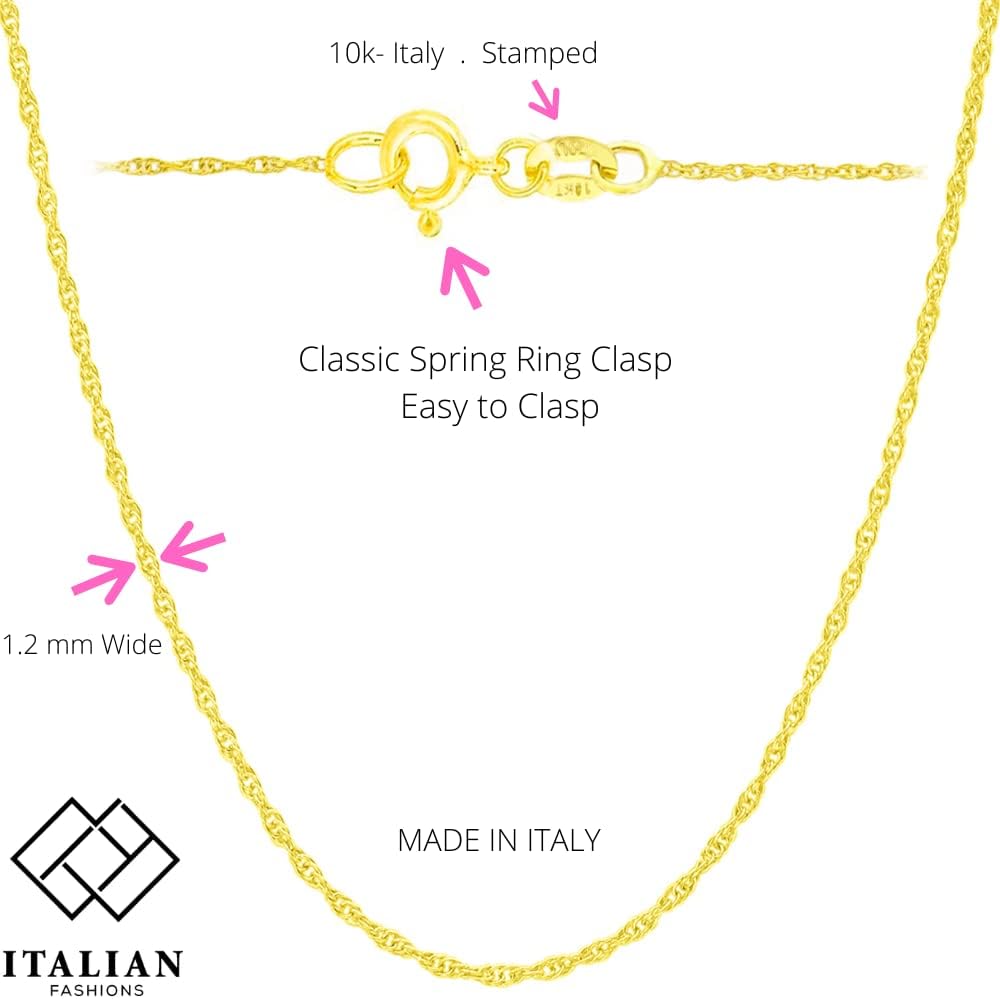 Italian Fashions 14K, 10K Yellow or White or Rose Solid Gold Italian Diamond Cut 0.8 mm-1.2 mm Rope and Mirror Cable Chain Necklace Thin & Strong gold chain Thin And Lightweight MADE IN ITALY