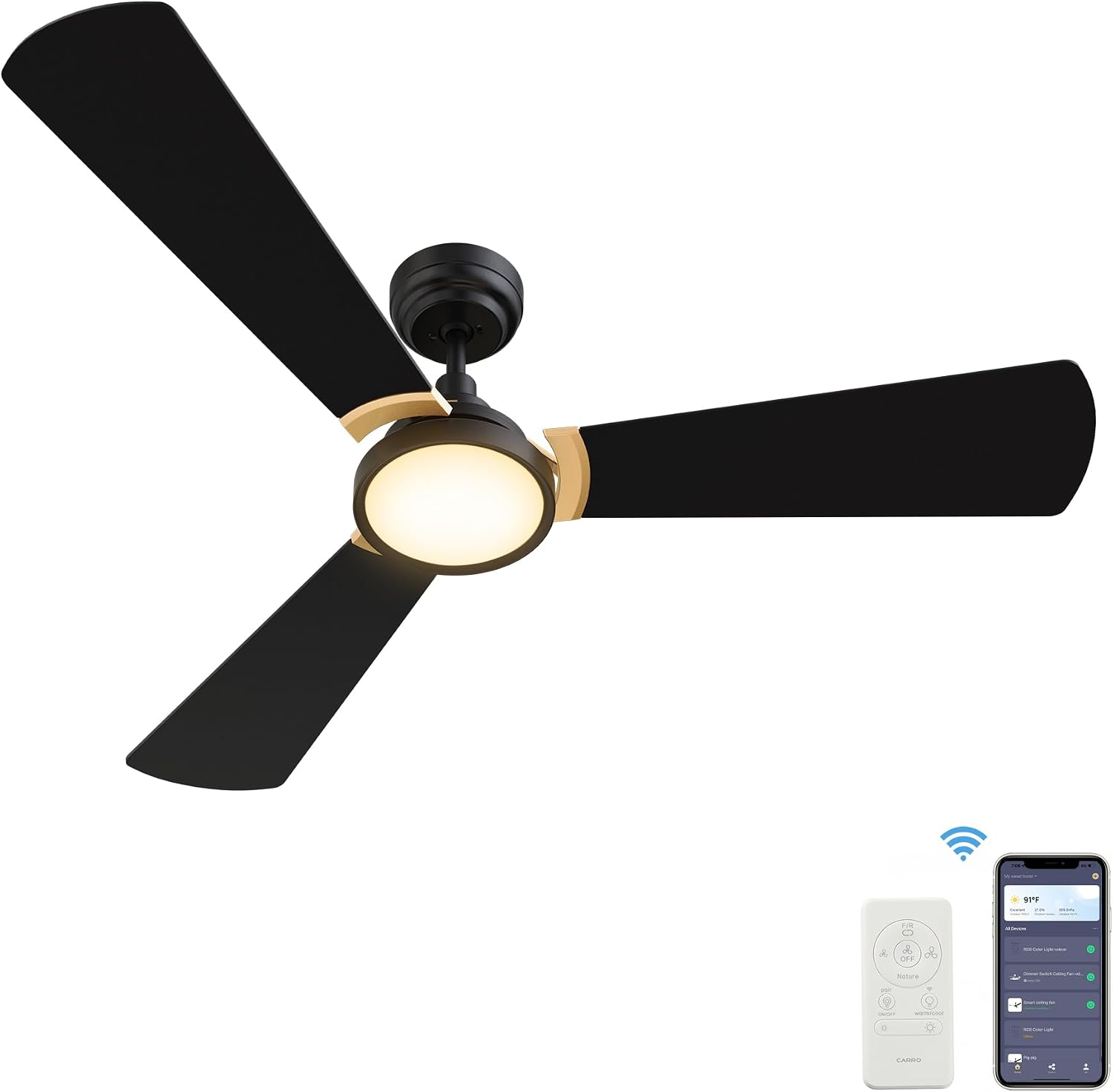 SMAAIR 56 Inch Black Ceiling Fan with Lights Remote Control and 10 Speed DC Motor, Low Profile Ceiling Fan with Dimmable Light works with Alexa/Google Assistant/Siri Shortcuts, 3 Blade, Black/Gold