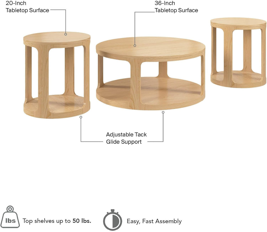 Bush Home Vera Round Coffee Table with Set of 2 Round End Tables, Living Room Furniture, Vera Collection, Natural White Oak