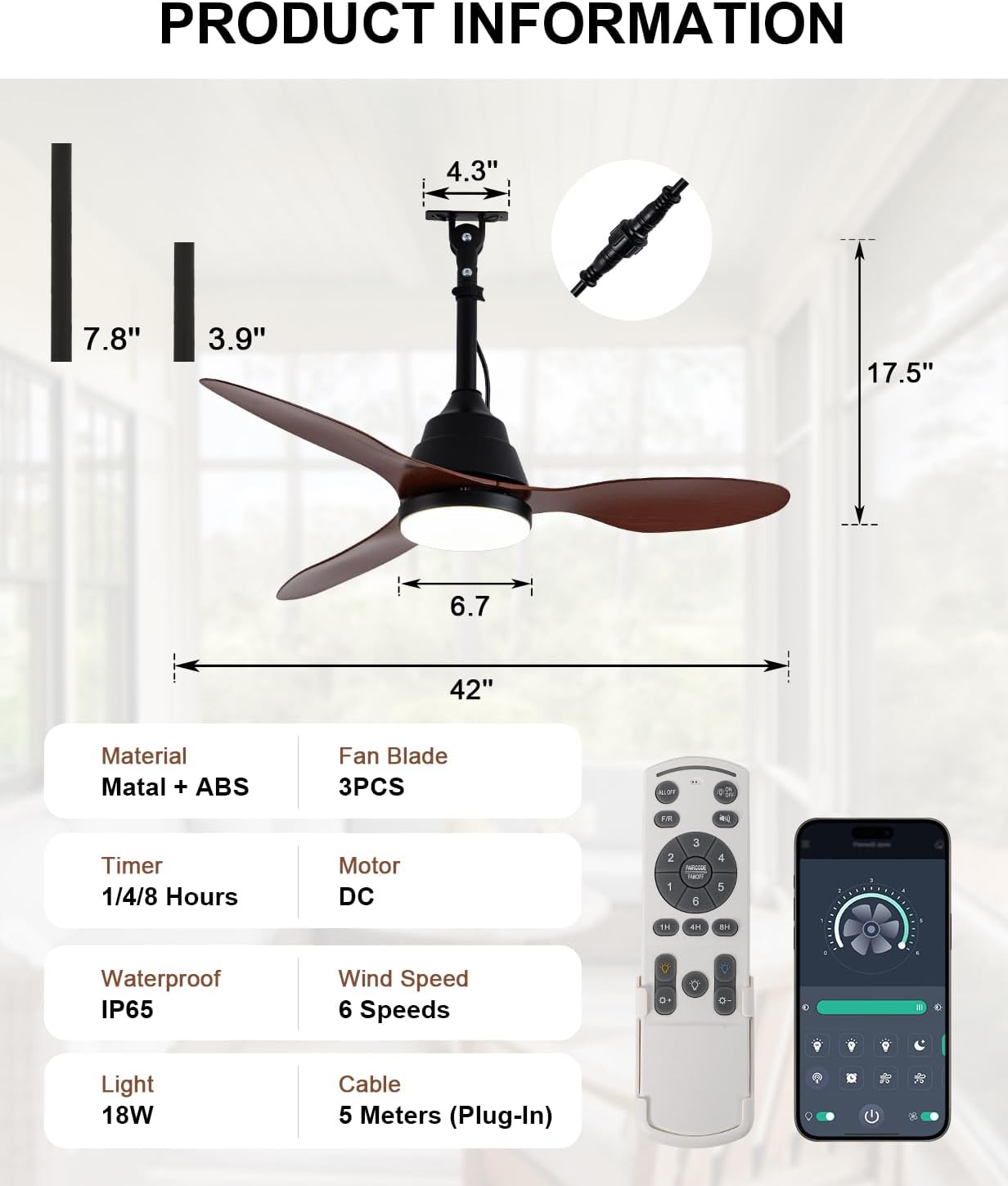 42' Outdoor Ceiling Fan with Light and Remote Control,Quiet DC Motor,3CCT 6-Speed,Plug-in Cord Hook Installation,IP65 Waterproof Gazebo Ceiling Fan with Light for Patios, Pergola, Canopy