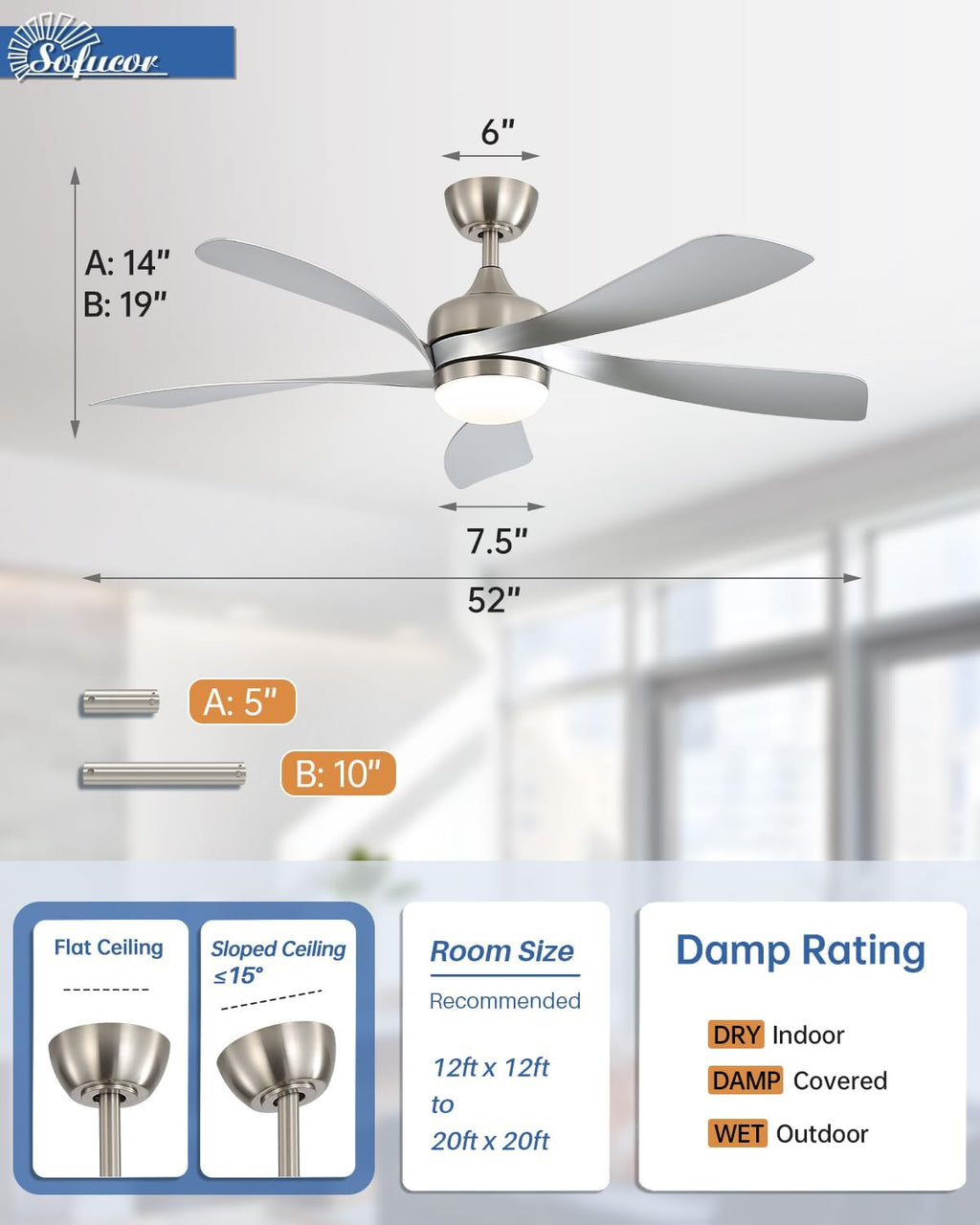 Sofucor 52' Smart Ceiling Fan, Indoor/Outdoor Ceiling Fans with Lights and Remote, Compatible with Alexa/Google/App, 3-Color Light 6-Speed Timing Reversible DC Motor for Bedroom Living Room Patio