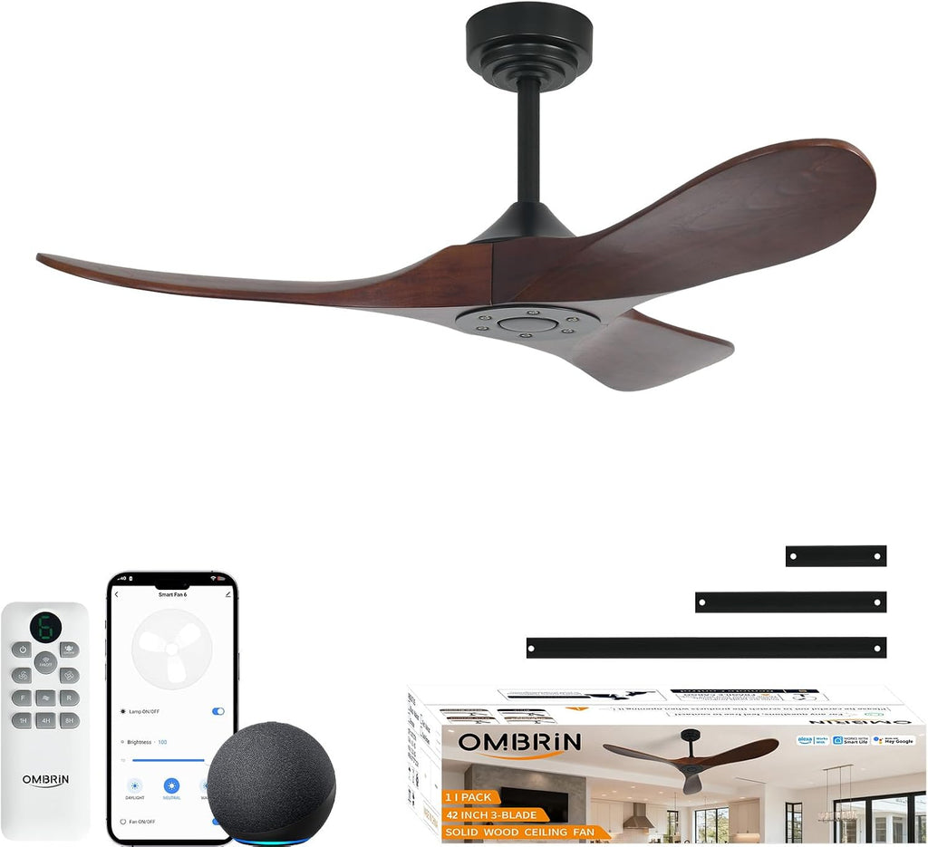 42 Inch Outdoor Ceiling Fans without Lights, Smart Wood Ceiling Fan no Light with Remote Control & Alexa/Google, Outdoor Fan for Patios Farmhouse 3 Blades High CFM Ceiling Fans Red Walnut