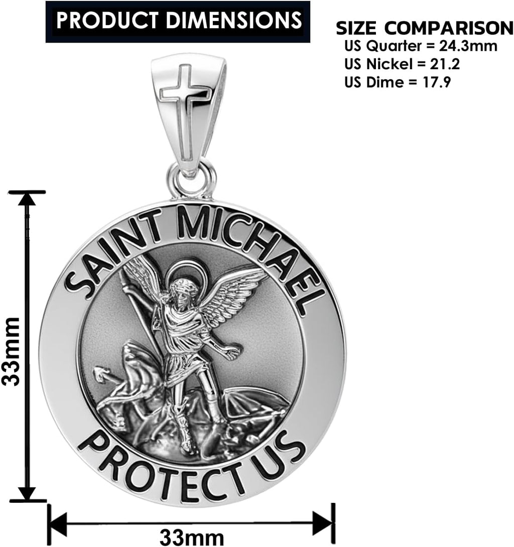 US Jewels Men's 925 Sterling silver 33mm Saint Michael Medal Antique Finish Round Pendant Necklace, 22in to 26in