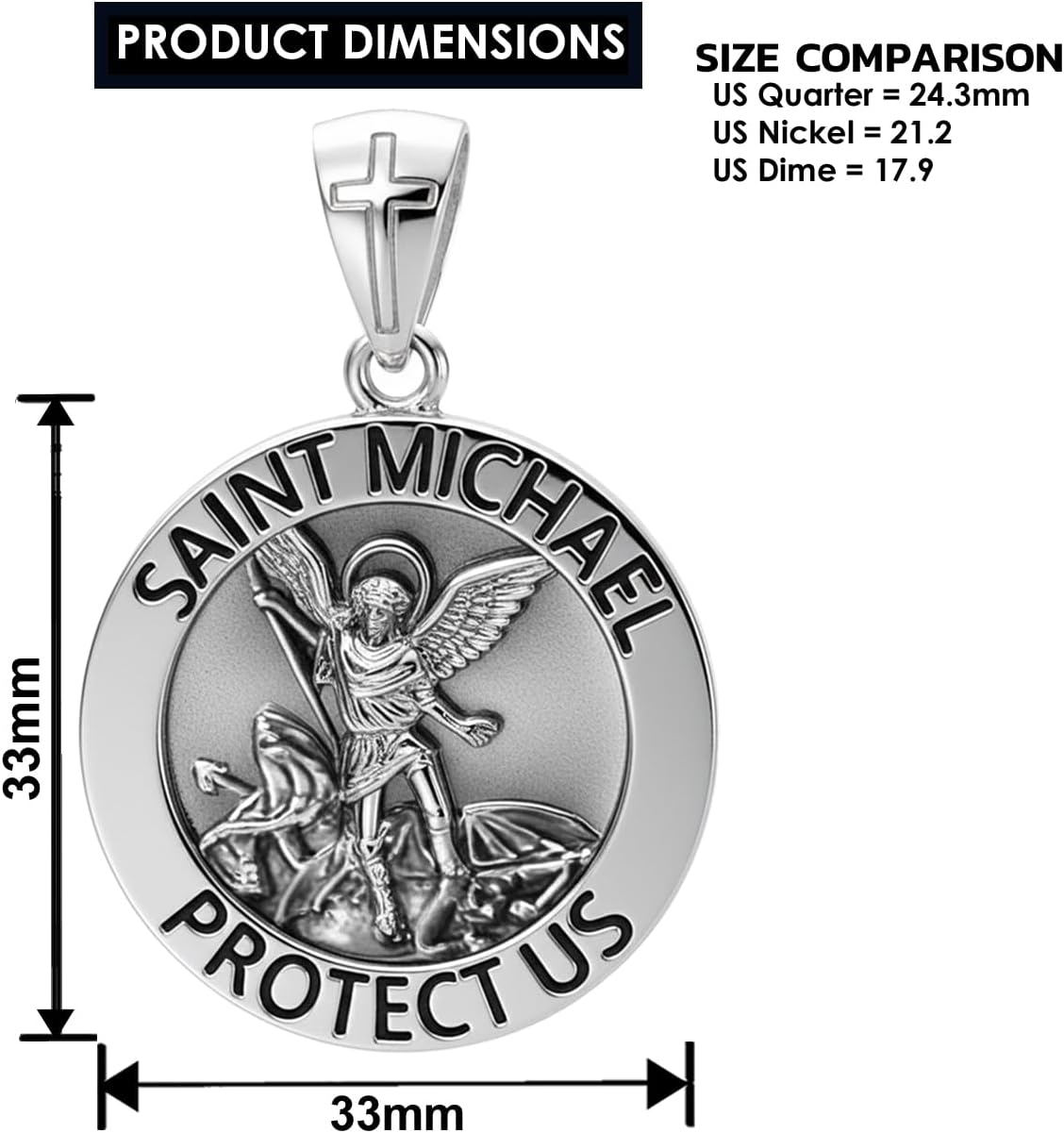 US Jewels Men's 925 Sterling silver 33mm Saint Michael Medal Antique Finish Round Pendant Necklace, 22in to 26in