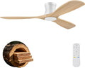 52' Wood Ceiling Fans with Lights Remote,Low Profile Flush Mount Ceiling Fan with Light,Outdoor Indoor Modern Ceiling fans for Bedroom Living room Patio,Light Wood&White,3 Blades,Dimmable LED,Quiet