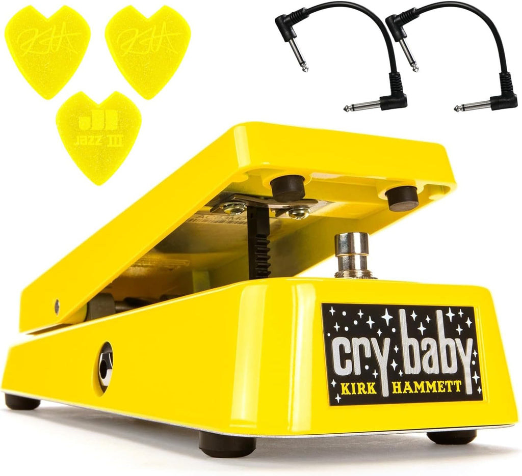 Dunlop KH95Y Kirk Hammett Cry Baby Wah Yellow Sparkle Edition - Bundle with 2 Patch Cables and Dunlop Custom Jazz III Guitar Picks