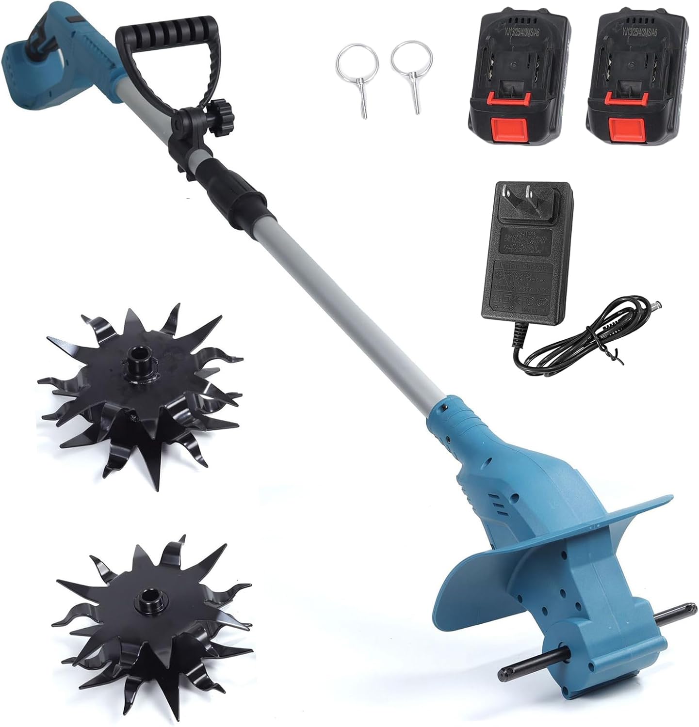 21V Cordless Tiller Cultivator,330 RPM Foldable with 4pcs Durable Steel Tines 2pcs 1300mAh Battery 9.5inches rototiller for Lawn Gardening Raised Flower beds