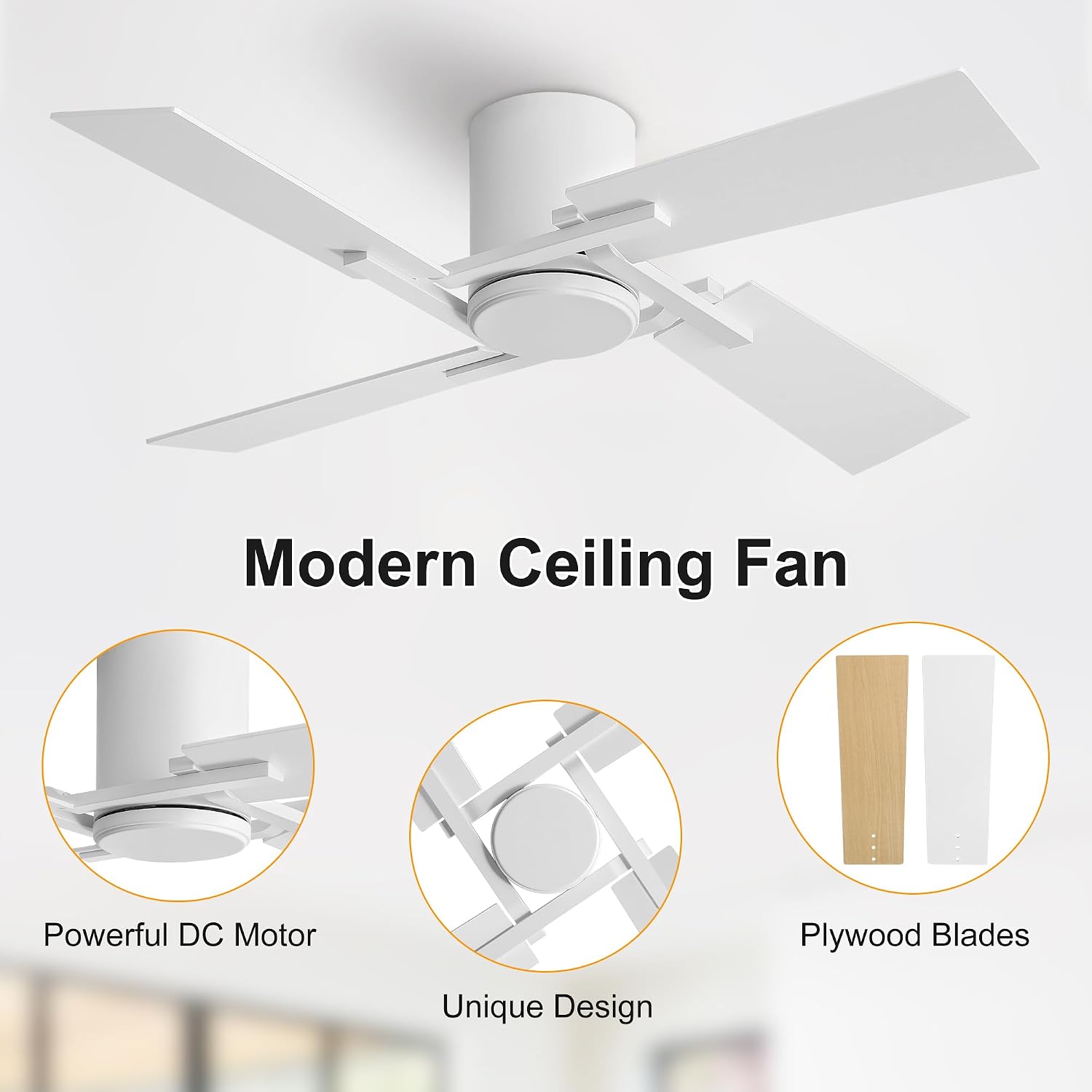 WINGBO 48 Inch Flush Mount Ceiling Fan without Light - 4 Plywood Blades, 6-Speed Reversible DC Motor, Noiseless Low Profile Ceiling Fan No Light for Bedroom Living Room, White and Oak/White