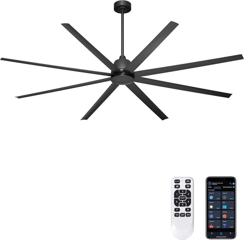 96' Industrial Ceiling Fan No Light, Large Ceiling Fan with Remote/APP Control, Outdoor Ceiling Fans with 8 Blades, DC motor for Commercial Shop Garage Warehouse Black Without Light