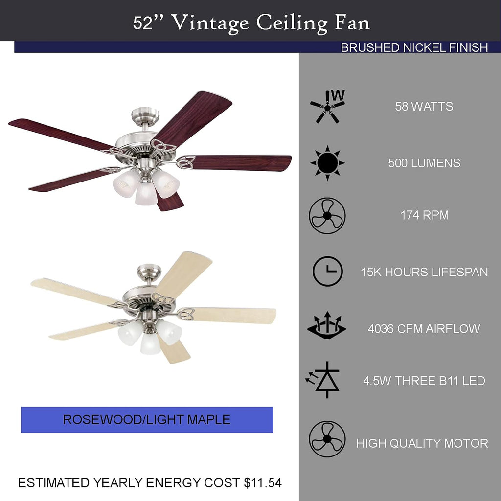 Ciata Lighting 52 Inch Vintage Indoor Ceiling Fan with Dimmable LED Light Fixture and Frosted Ribbed Glass in Brushed Nickel Finish with Reversible Rosewood/Light Maple Blades