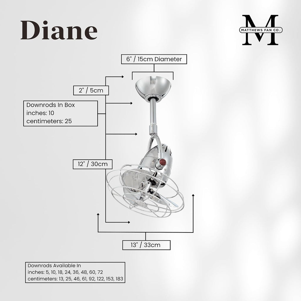 Matthews DI-CR-MTL Diane Damp Rated 90° Oscillating 13' Metal Directional Ceiling Fan with Remote, Best for Small, Awkward Spaces or in Front of HVAC Ducts, Chrome