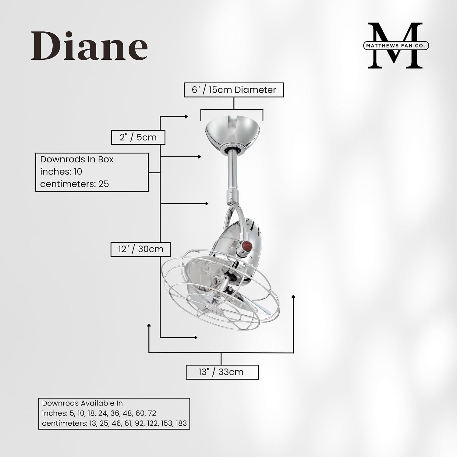 Matthews DI-CR-MTL Diane Damp Rated 90° Oscillating 13' Metal Directional Ceiling Fan with Remote, Best for Small, Awkward Spaces or in Front of HVAC Ducts, Chrome