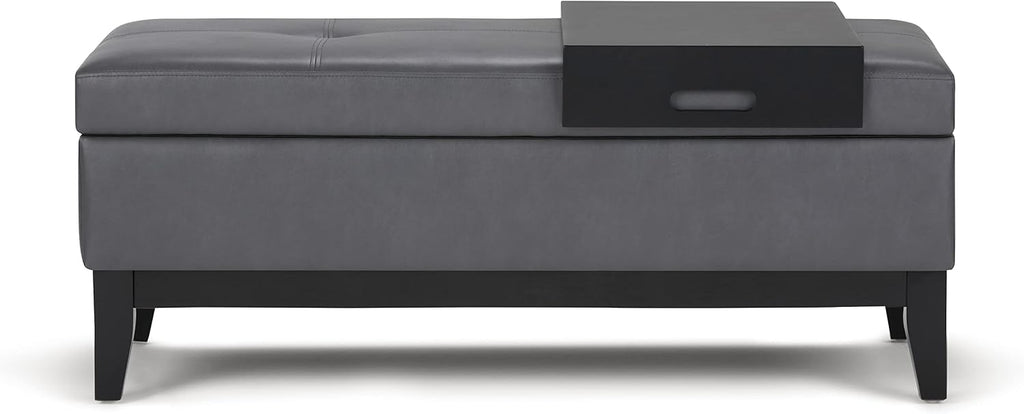 SIMPLIHOME Oregon Storage Ottoman Bench with Tray - 42 inch Wide Upholstered Vegan Leather Rectangle Storage Ottoman Bench in Stone Grey, Transitional Tufted Ottoman for Living Room with Lift-Up Lid
