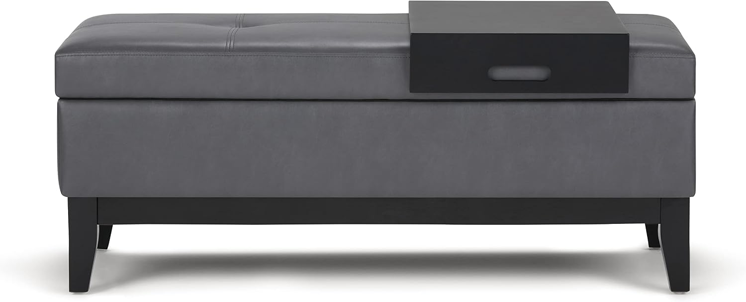 SIMPLIHOME Oregon Storage Ottoman Bench with Tray - 42 inch Wide Upholstered Vegan Leather Rectangle Storage Ottoman Bench in Stone Grey, Transitional Tufted Ottoman for Living Room with Lift-Up Lid